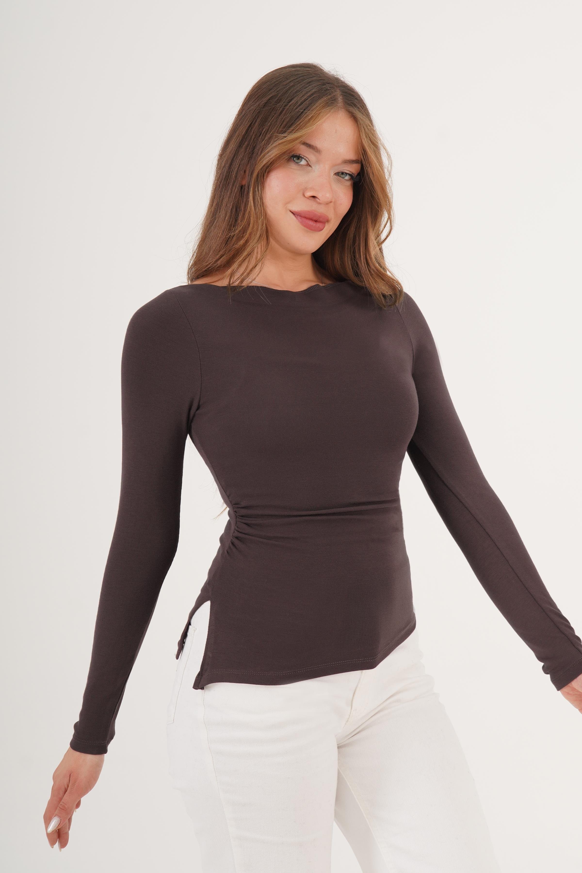 Yandan Yırtmaçlı Uzun Kol Toptan Bluz Stok Kodu 4876- SİYAH - BORDO - BEYAZ - KAHVE - SARI - PEMBE - GRİ