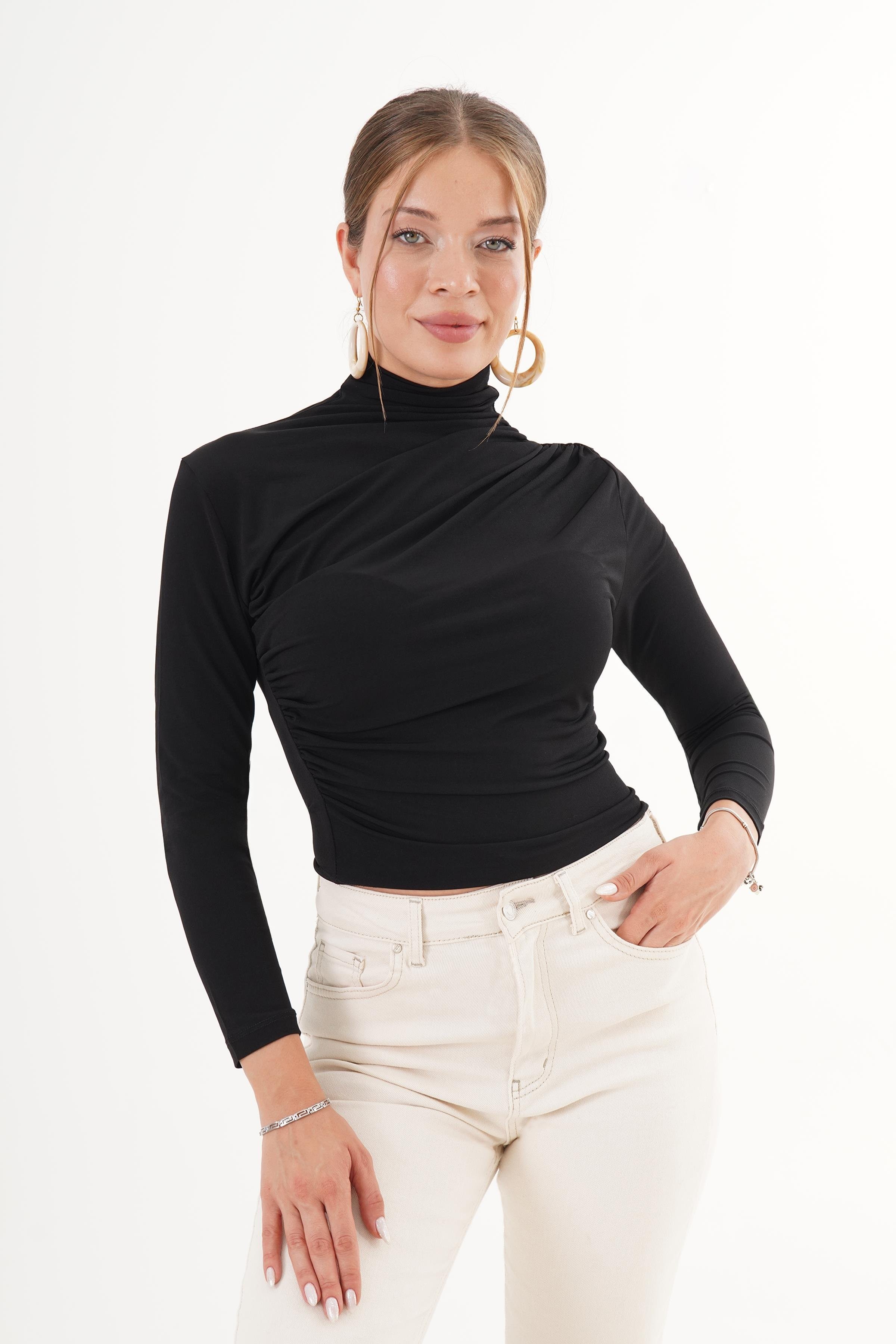 Omuz ve Bel Büzgülü Dik Yaka Toptan Bluz Stok Kodu 4847