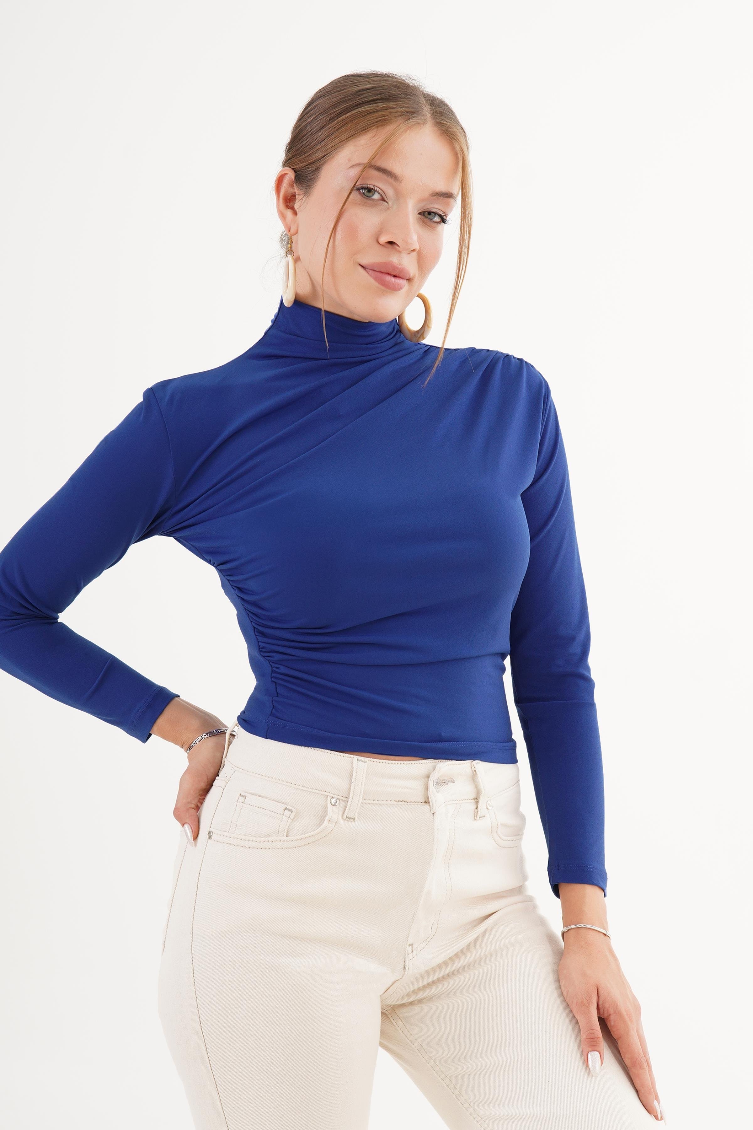 Omuz ve Bel Büzgülü Dik Yaka Toptan Bluz Stok Kodu 4847